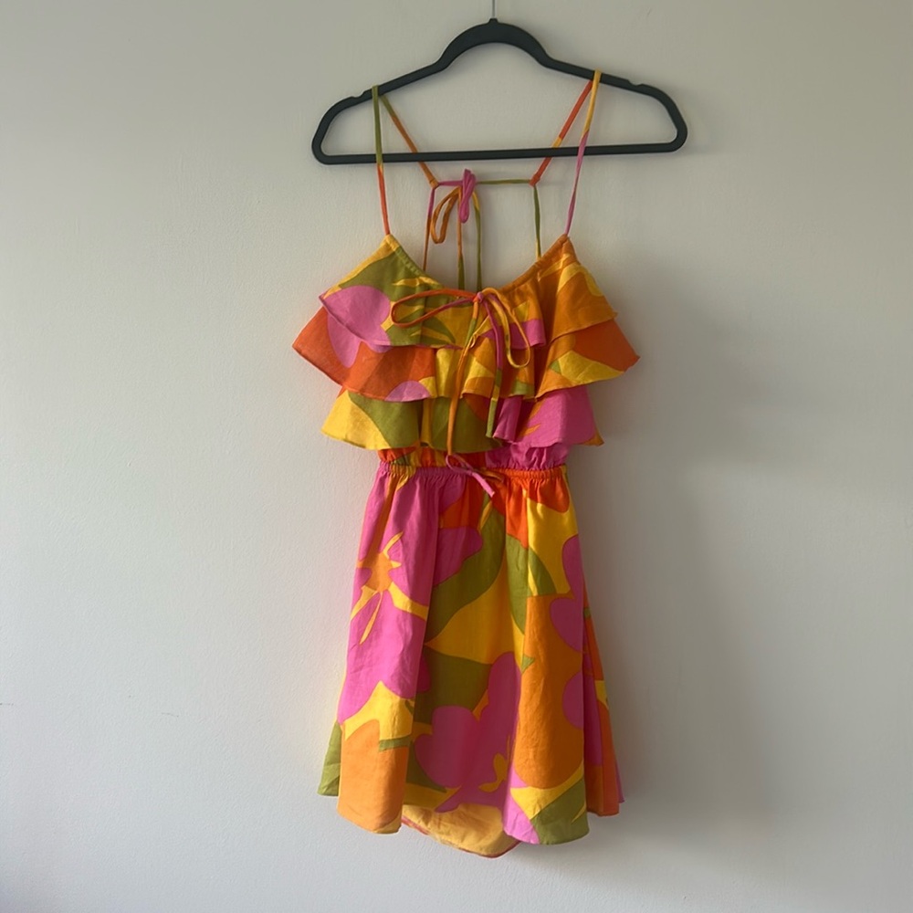 SABO SKIRT COLORFUL BACKLESS MINI DRESS WITH RUFFLE DETAILS
